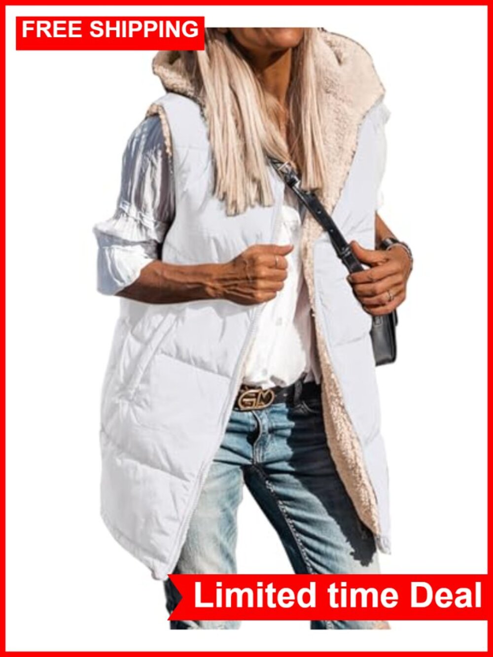 BTFBM Women's Long Puffer Vest Reversible Sherpa Fleece Sleeveless Hooded Zip